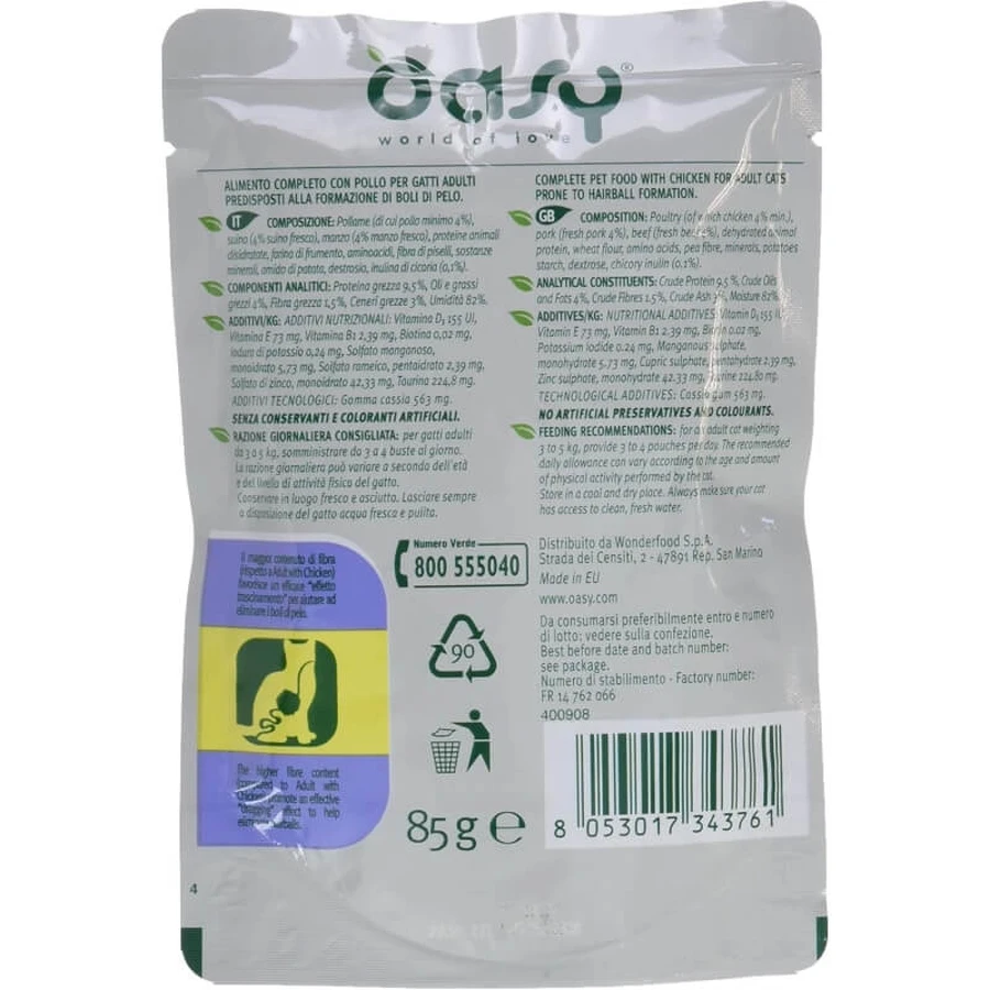 Oasy Wet Cat Chicken Hairball Bites – Alleinfuttermittel für erwachsene Katzen mit Haarballen, 85 g