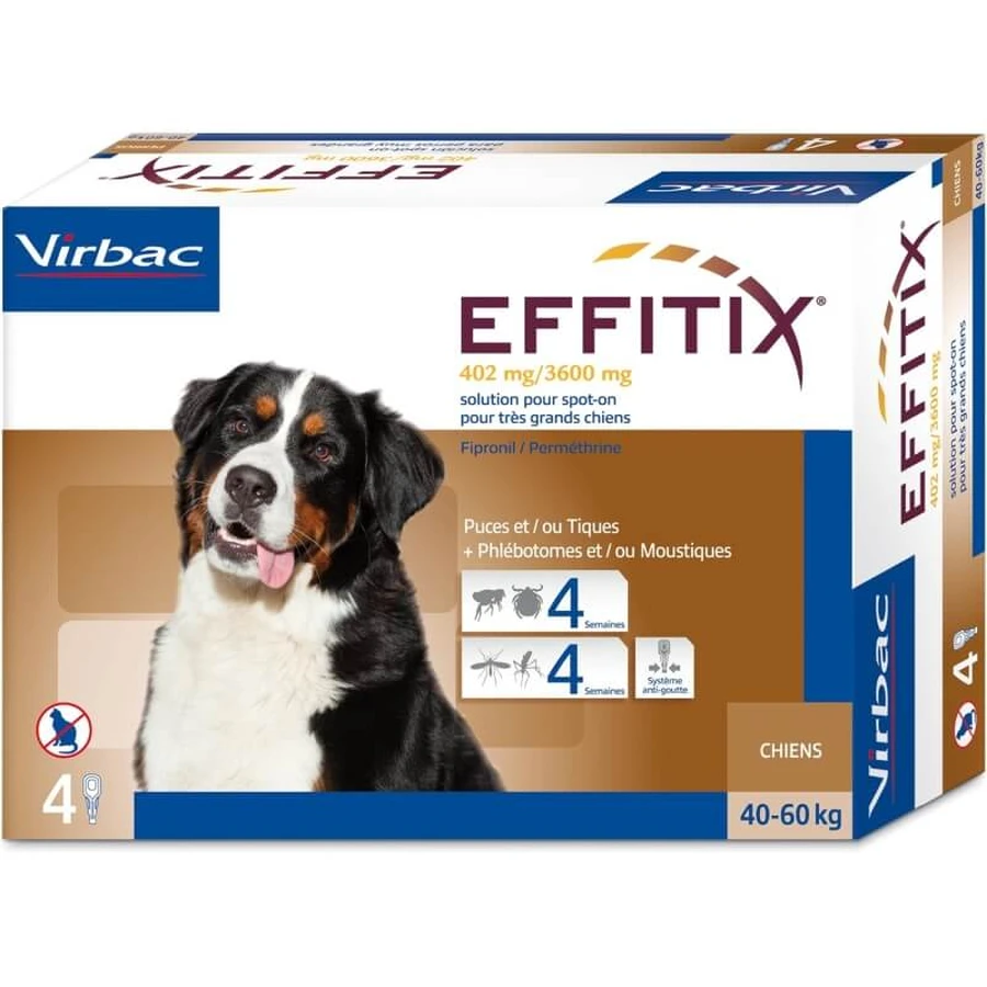 Virbac Effitix - 4 spot-on-pipetten ter preventie van parasieten voor honden met een gewicht van 40–60 kg
