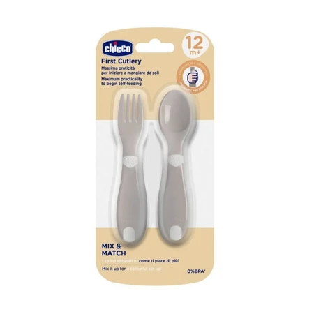 Chicco Cutlery Set - Fork and Spoon, 12m+, Gray