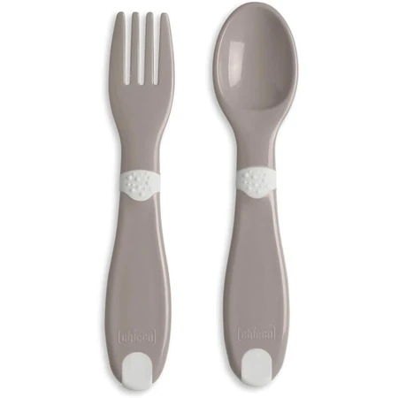 Chicco Cutlery Set - Fork and Spoon, 12m+, Gray