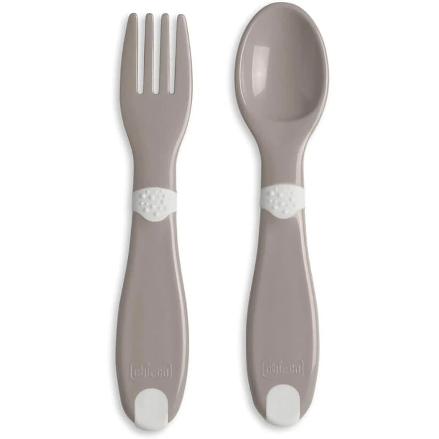 Chicco Cutlery Set - Fork and Spoon, 12m+, Gray