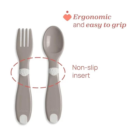 Chicco Cutlery Set - Fork and Spoon, 12m+, Gray