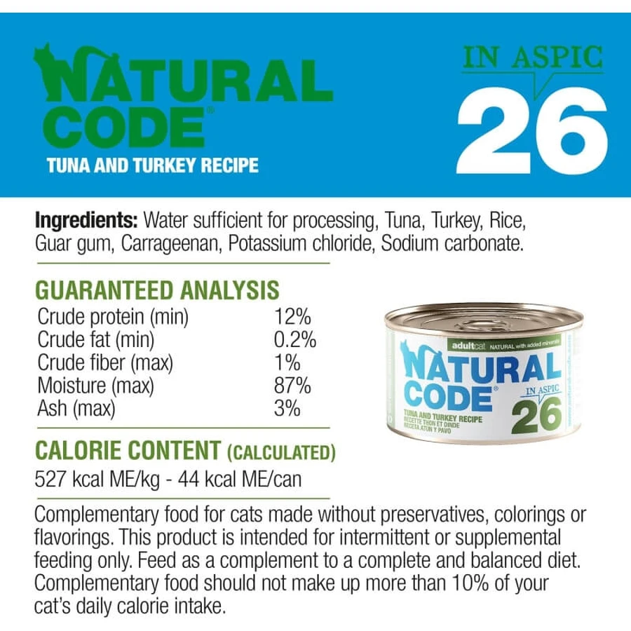 Natural Code 26 Tuna and Turkey - Complete Food for Adult Cats, 85 g