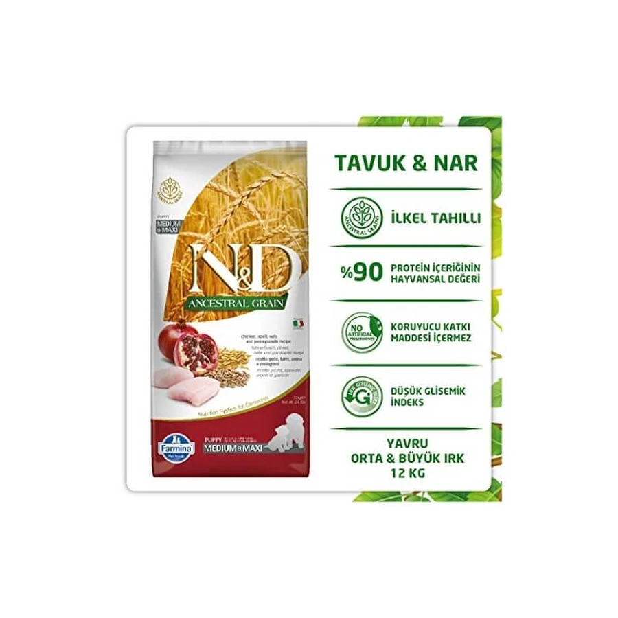 Farmina N&amp;d Ancestral Grain Puppy Chicken and Pomegranate - Complete Food for Medium and Large Breed Puppies, 12 kg