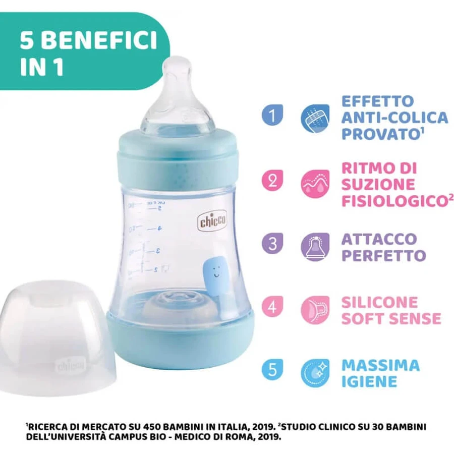 Chicco Perfect 5 - Anti-koliekfles met langzame doorstroming, 150 ml, lichtblauw