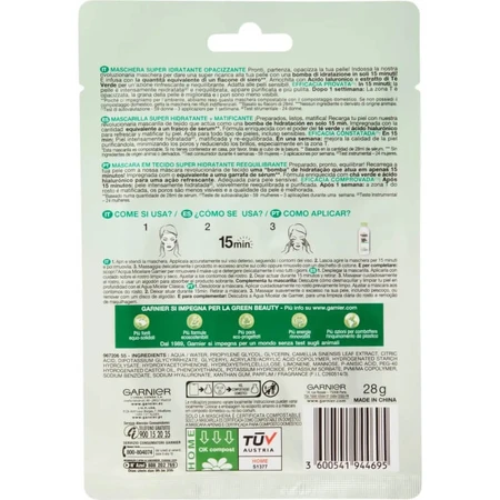 Mascarilla en láminas superhidratante y matificante Garnier Skinactive Hydra Bomb para piel mixta o grasa