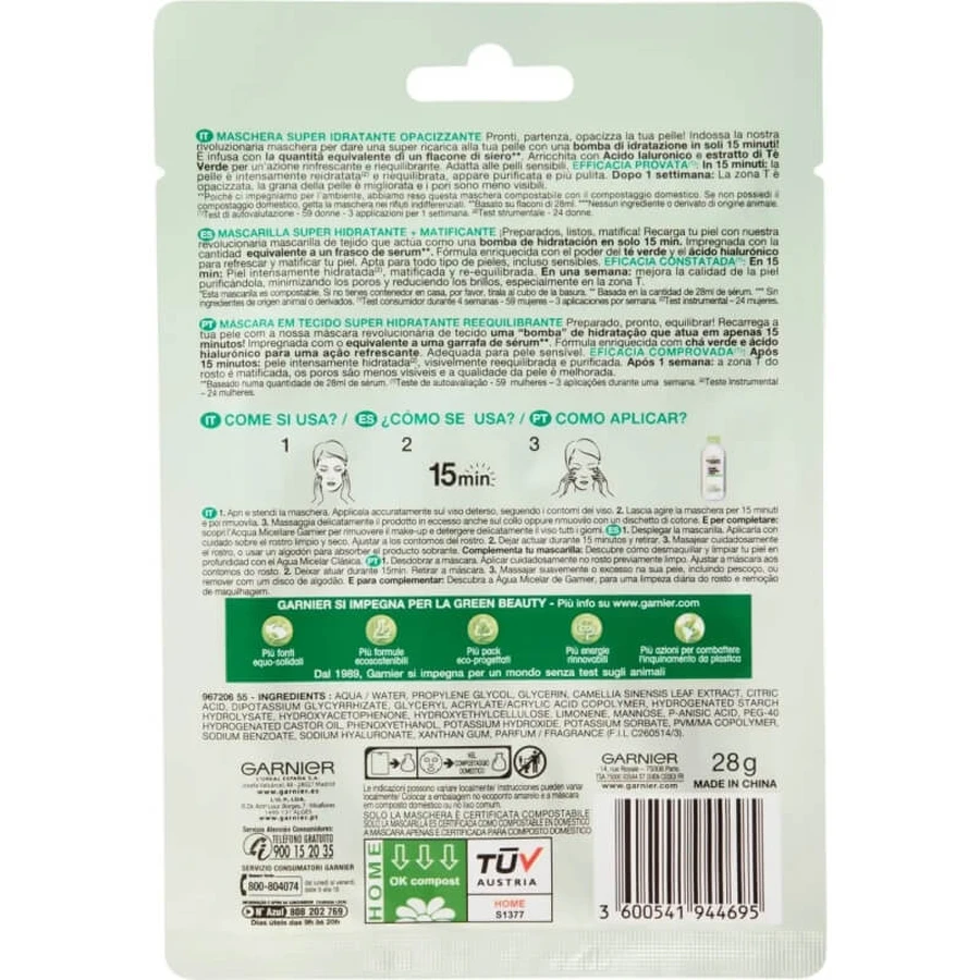 Mascarilla en láminas superhidratante y matificante Garnier Skinactive Hydra Bomb para piel mixta o grasa