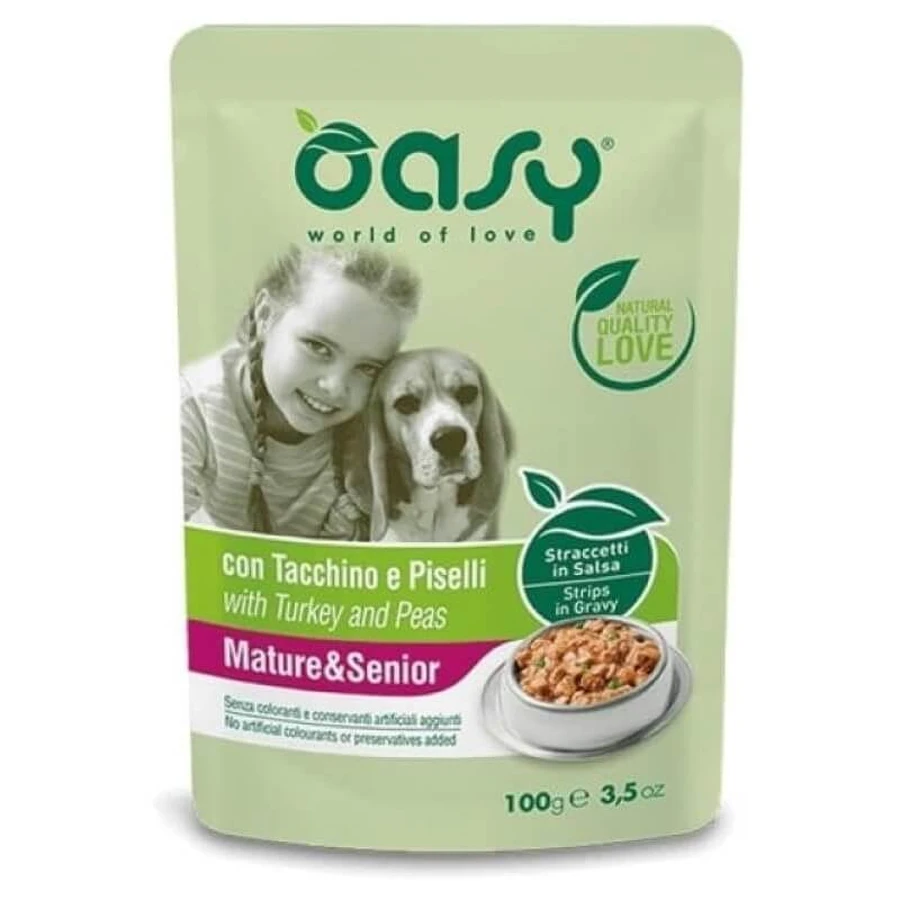 Oasy Straccetti à la dinde et à la sauce aux petits pois pour chiens âgés, 100 g