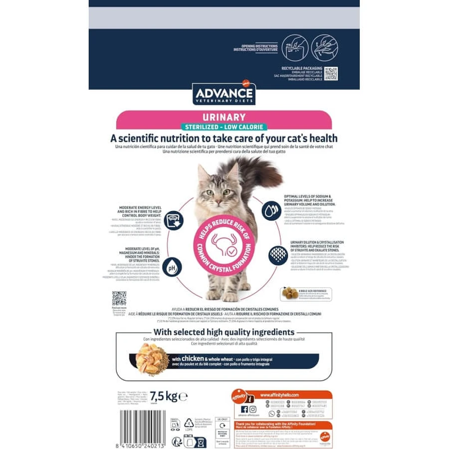Advance Urinary Sterilized Low-Calorie Chicken - Alimento completo para gatos adultos esterilizados, 7,5 kg