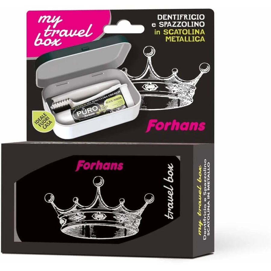 Forhans My Travel Box Corona Negru – pastă de dinți + periuță de dinți + cutie metalică