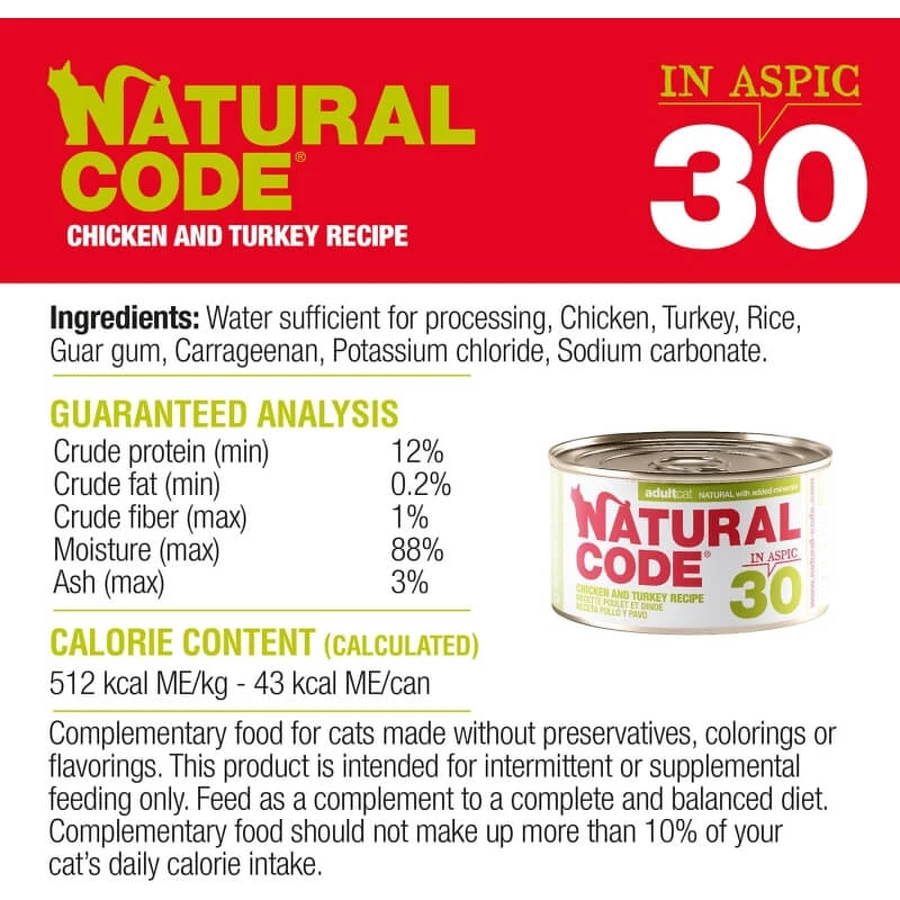 Natural Code 30 Chicken and Turkey - Complete Food for Adult Cats, 85 g