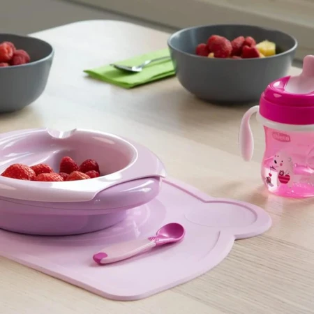 Set de repas Chicco pour les enfants à partir de 6 mois : assiette, cuillère et tasse — Bleu clair