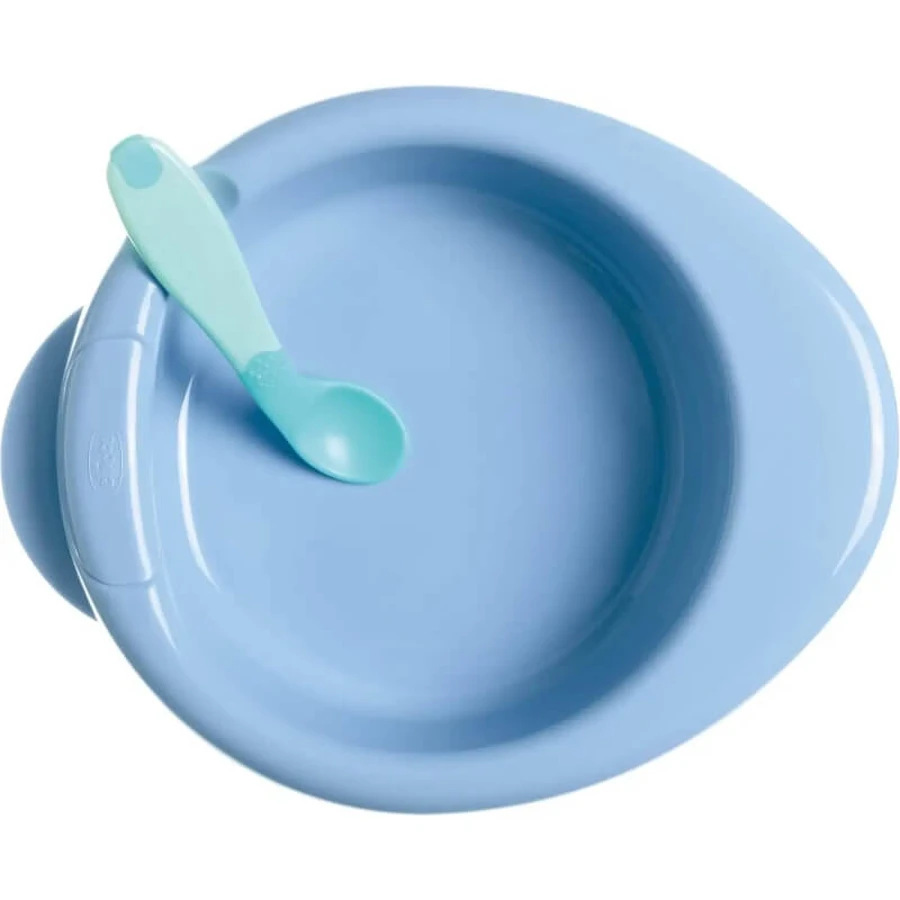 Set de repas Chicco pour les enfants à partir de 6 mois : assiette, cuillère et tasse — Bleu clair