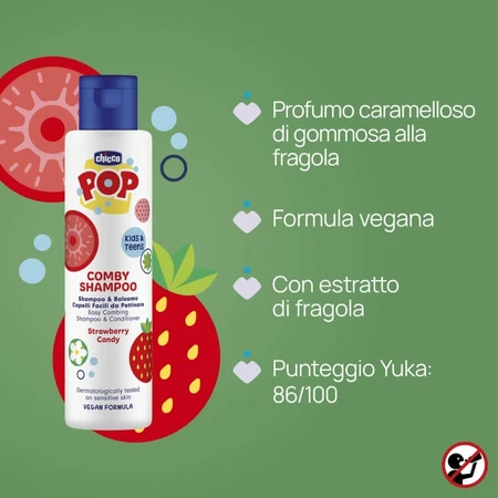 Shampoing et après-shampoing Chicco Pop Comby pour enfants, parfum bonbon à la fraise, 250 ml