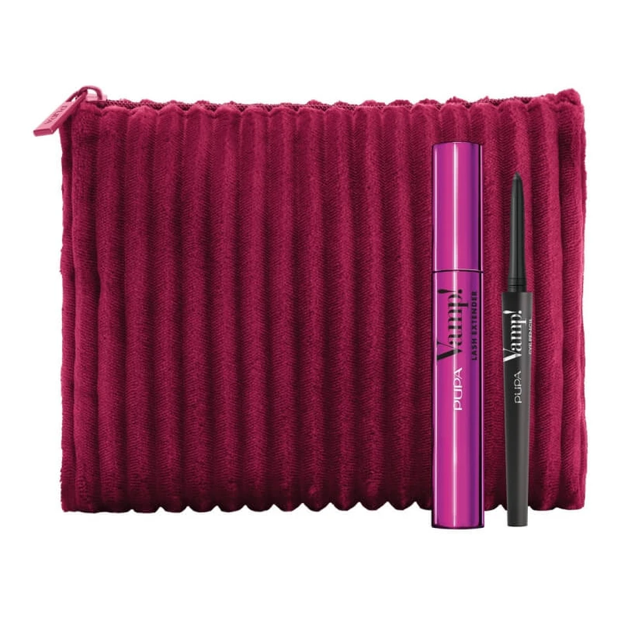 ¡Set de regalo Pupa Vamp! - Máscara de pestañas voluminizadora y alargadora + Lápiz de ojos negro n.º 100 + Bolso de mano de terciopelo