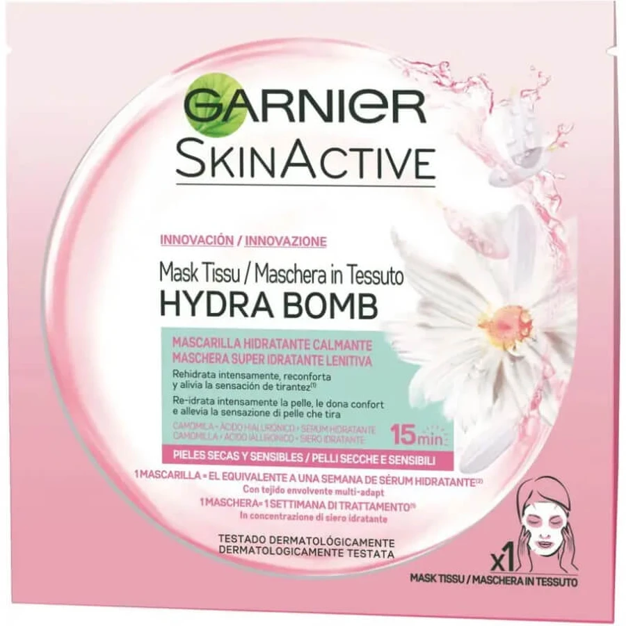 Mascarilla de tela superhidratante Garnier Skinactive Hydra Bomb: calmante para pieles secas y sensibles