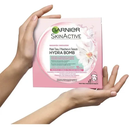 Mascarilla de tela superhidratante Garnier Skinactive Hydra Bomb: calmante para pieles secas y sensibles