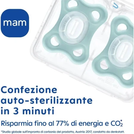 Mam Comfort 2–6 maanden – 2 siliconenfopspenen – lichtblauw/neutraal