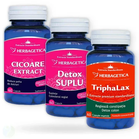 Achicoria 60 cápsulas + Detox Suplu 60 cápsulas + Triphalax 60 cápsulas, Herbagetica