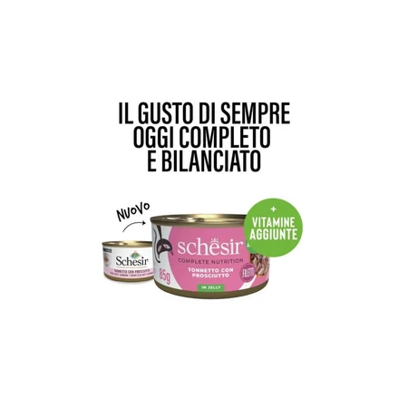 Schesir Tonnetto con jamón - Comida húmeda completa para gatos adultos, 85 g