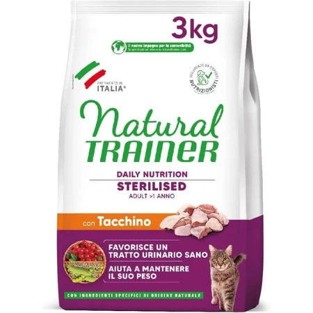 Natural Trainer Daily Nutrition Sterilized Turkey - Complete Food for Adult Sterilized Cats, 3 kg