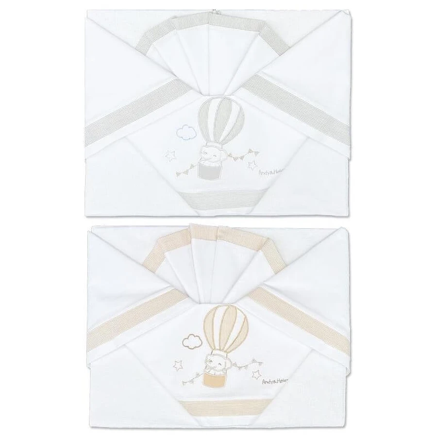 Andy &amp; Helen Komplettes Babybett-Set – 2 Laken + 1 Kissenbezug mit Stickerei von Elefanten und Heißluftballons – beige
