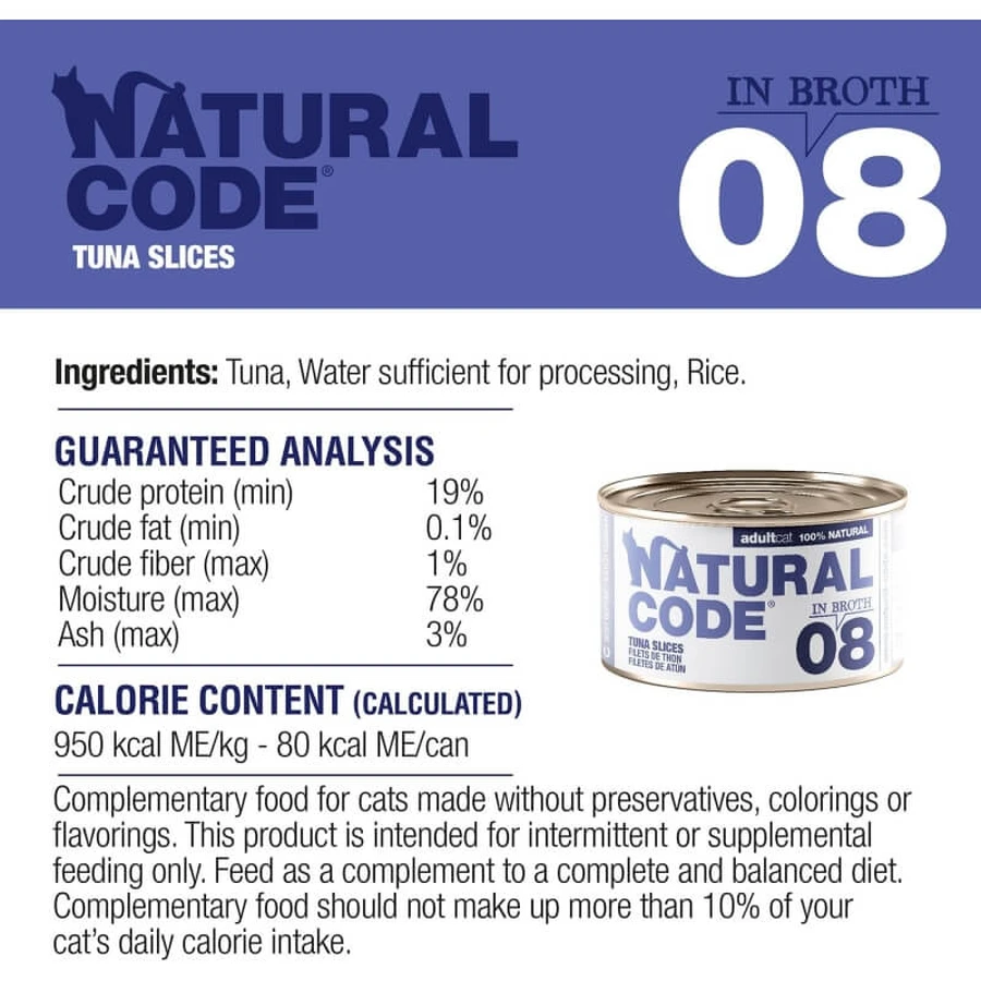 Natural Code 08 fileuri de ton – hrană completă pentru pisici adulte, 85 g