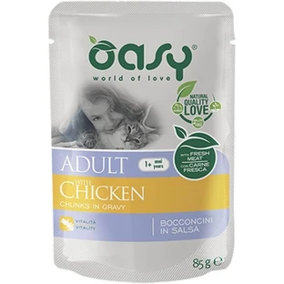 Oasy Wet cat bucățele de pui – hrană completă pentru pisici adulte, 85 g