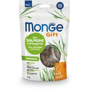 Monge Gift hairball cu somon și iarbă de pisică – hrană uscată pentru pisici adulte, 60 g
