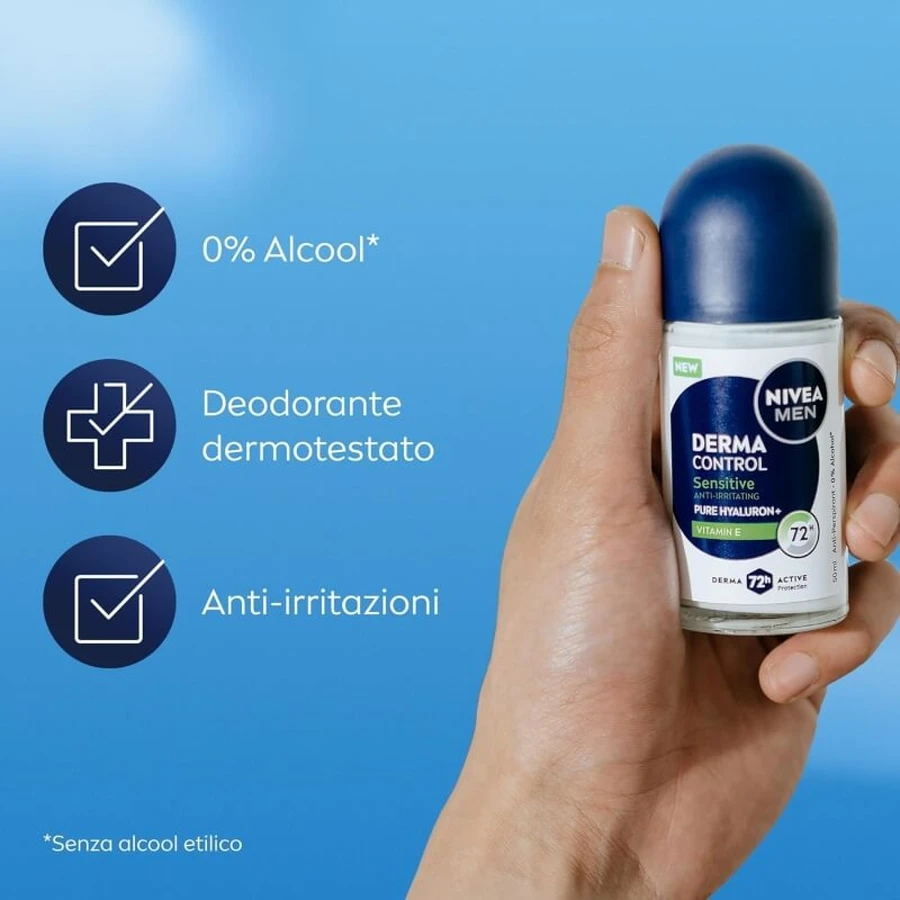 Nivea Derma Control Sensitive - 72-hour alcohol-free antiperspirant roll-on deodorant, 50 ml