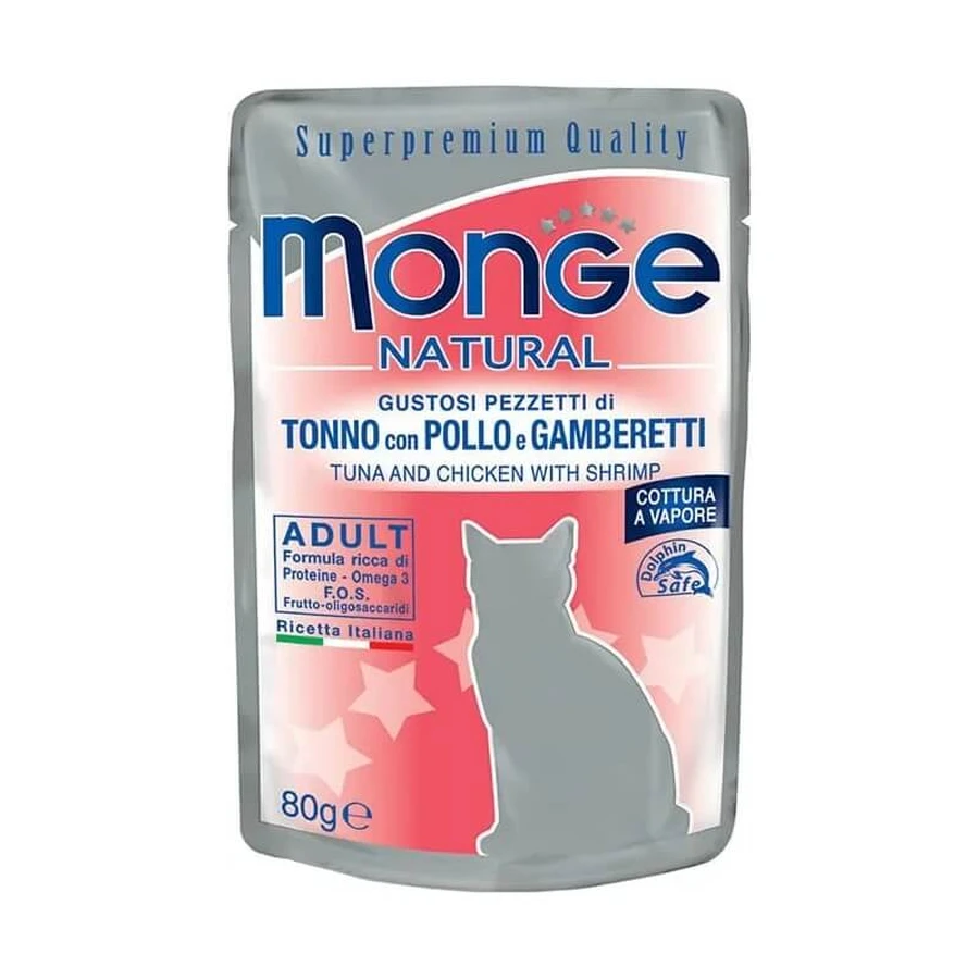 Monge Natural pentru adulți – bucățele de ton cu pui și creveți 80 gr