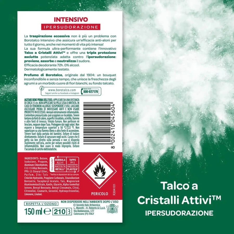 Borotalco Parfum Talc Intensif - Déodorant en spray 72 heures, 150 ml