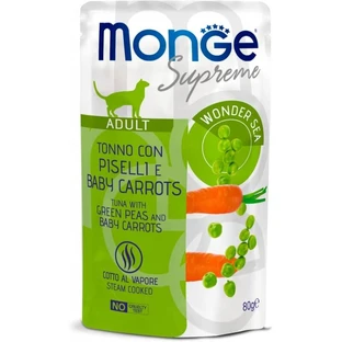 Monge Supreme pentru pisici adulte, cu ton, mazăre și morcovi baby – hrană complementară pentru pisici adulte, 80 g