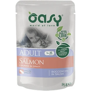 Oasy Wet cat bucățele de somon – hrană completă pentru pisici adulte, 85 g