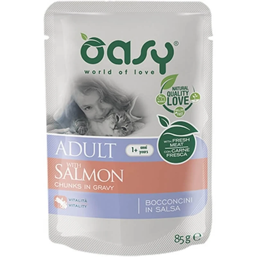 Oasy Wet cat bucățele de somon – hrană completă pentru pisici adulte, 85 g