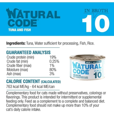Natural Code 10 ton și pești albi mici – hrană complementară pentru pisici, 85 g