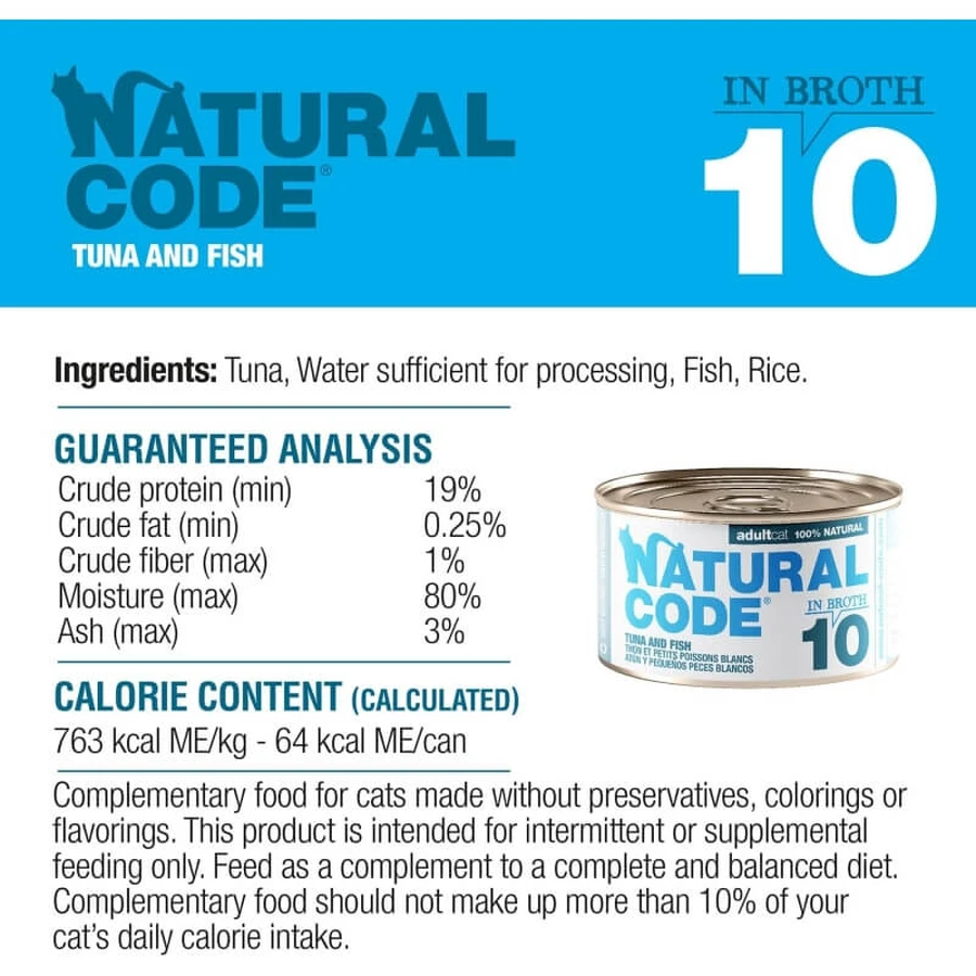 Natural Code 10 ton și pești albi mici – hrană complementară pentru pisici, 85 g