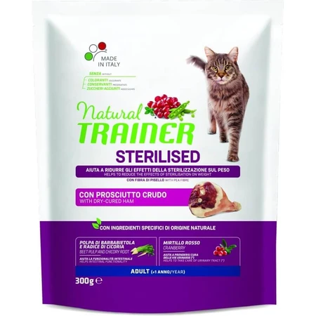 Natural Trainer Natural Trainer Daily Nutrition pentru pisici sterilizate, cu șuncă crudă – hrană pentru pisici adulte sterilizate, 300 gr