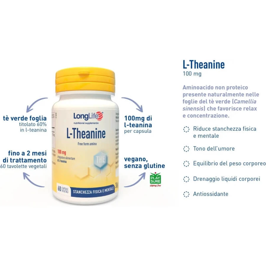 Longlife L-théanine 60 gélules - Complément alimentaire contre la fatigue physique et mentale