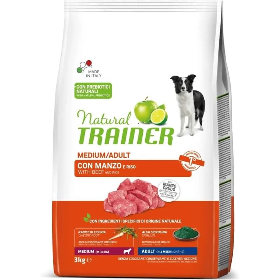 Natural Trainer Medium Adult met rundvlees en rijst - Volledig voer voor volwassen honden van middelgroot formaat, 12 kg