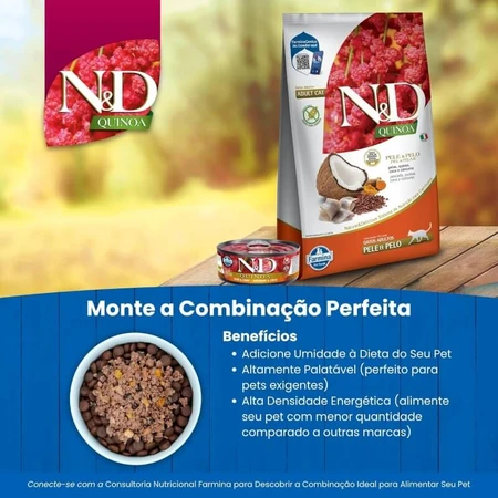 Farmina N&amp;d Quinoa Skin &amp; Coat Arenque y Coco - Alimento completo para gatos adultos con intolerancias alimentarias, 80 g