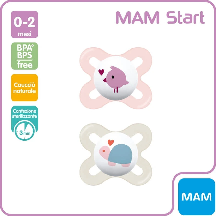 Mam Start nanò – 2 kieferorthopädische Schnuller aus Naturkautschuk, 0–2 Monate, rosa