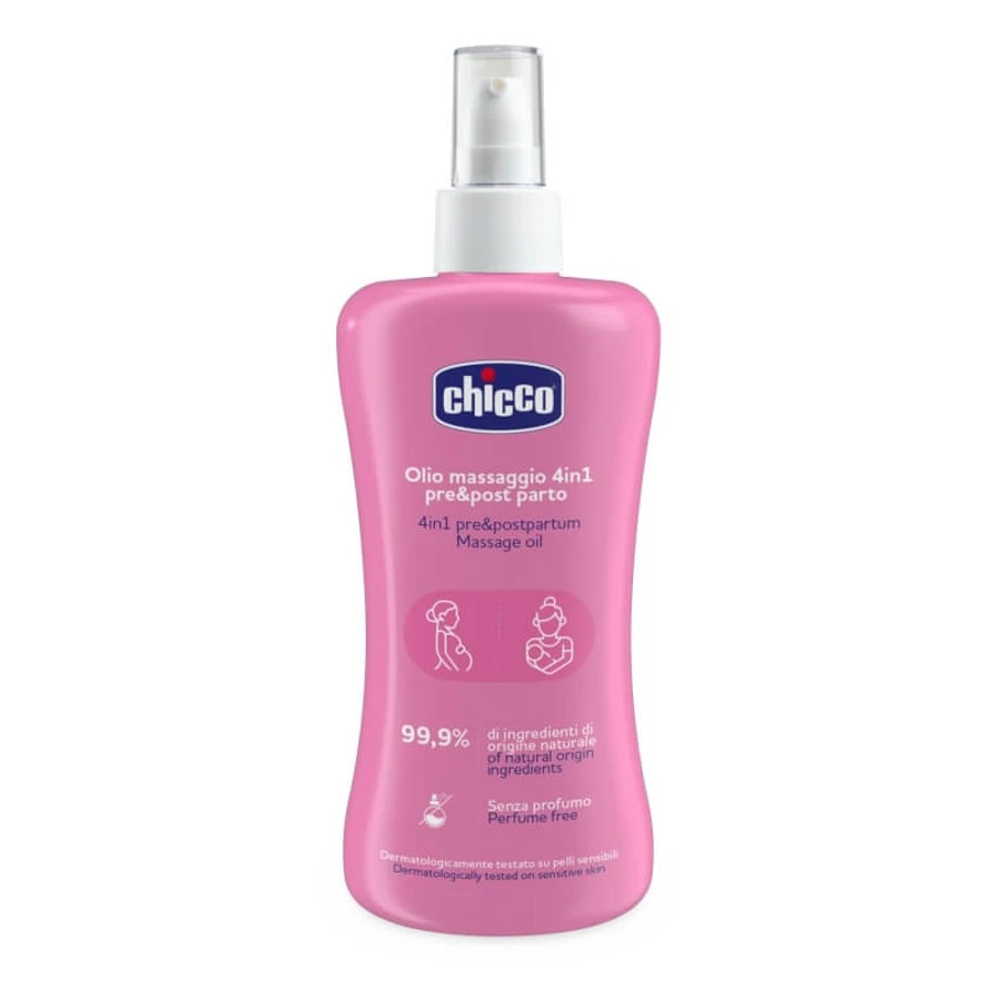 Chicco 4-in-1-Massageöl – zur Vorbeugung von Dehnungsstreifen, feuchtigkeitsspendend und hautstraffend, zur Anwendung vor und nach der Geburt, 200 ml