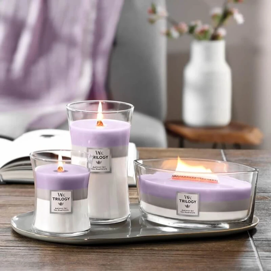Woodwick Trilogy - amnet sky - grande bougie parfumée, 609 g