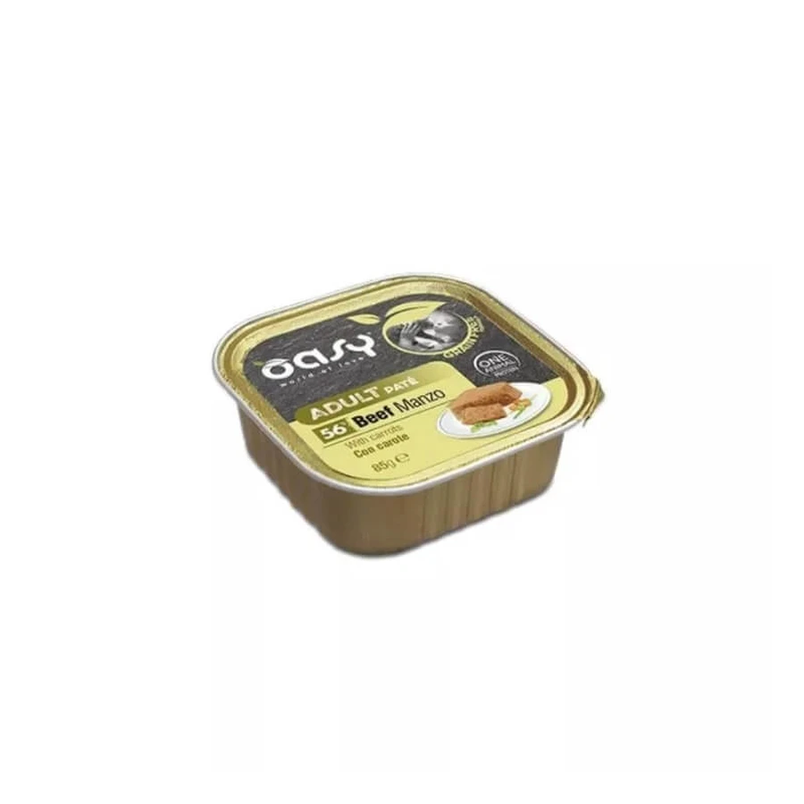 Pâté Oasy sans céréales pour chats adultes au bœuf et à la carotte - Aliment complet pour chats adultes, 85 g