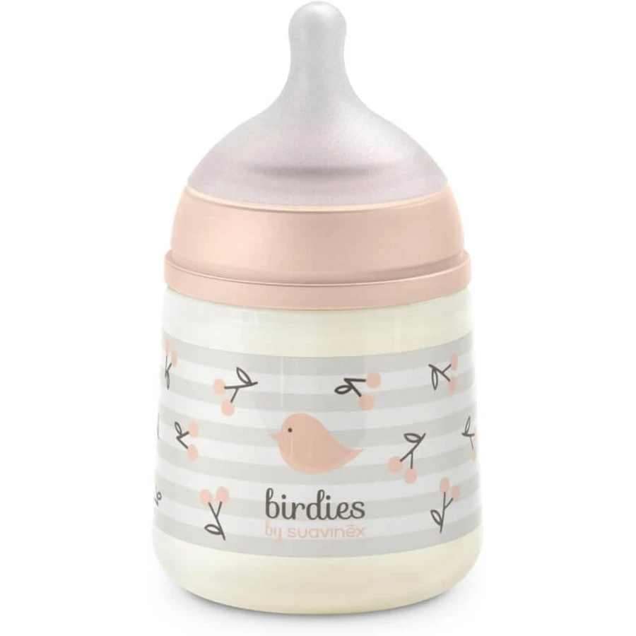 Suavinex Birdies - Babyfles met SX Pro-siliconen speen tegen koliek, vanaf 0 maanden, roze, 150 ml