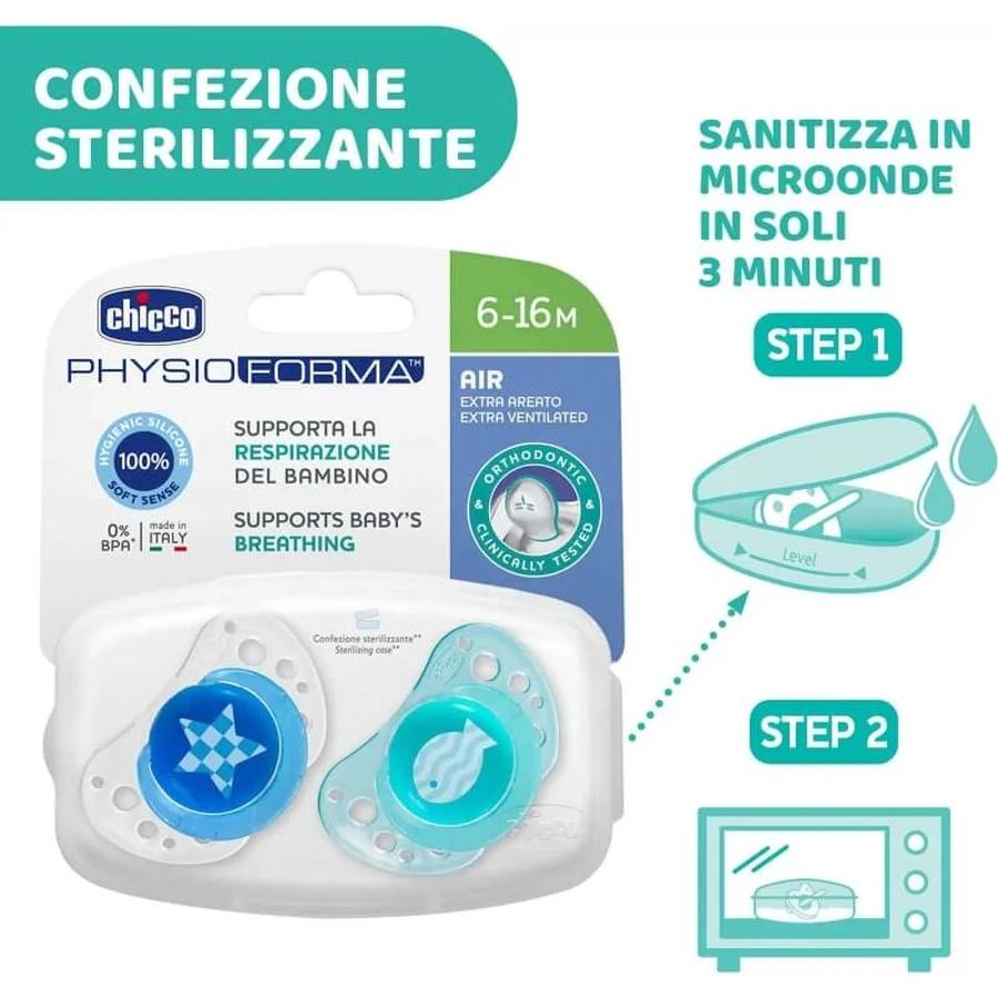 Chicco Physio Air Boy Silicone Pacifier, 6–12 months, 2-pack
