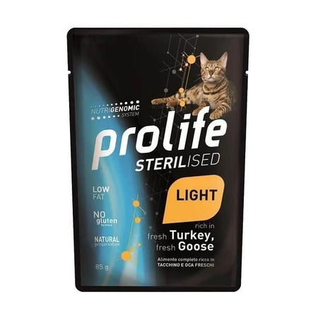Prolife Sterilised Light Sans céréales pour chats sensibles – Dinde et oie - Aliment complet pour chats adultes stérilisés, 85 g