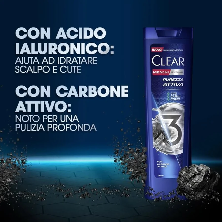 Clear Active Freshness 3 en 1 - Champú anticaspa con carbón activado, 225 ml