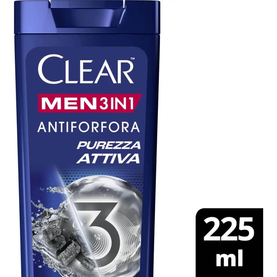 Clear Active Freshness 3 en 1 - Champú anticaspa con carbón activado, 225 ml